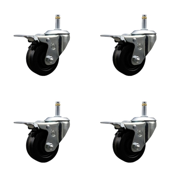 3.5 Phenolic Swivel 7/16'' Grip Ring Stem Caster Set with Total Lock Brake, 4PK